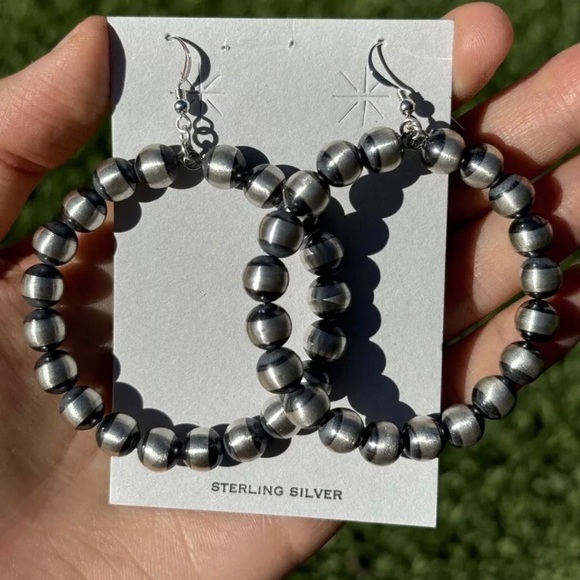 Southwestern 925 Sterling Silver Striped Pearls Hoop Bead Earrings 3 Inch